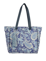 PRIMROSE Paisley Print Canvas Tote Bag with Tassel, Navy Blue and White Pattern, Large Shoulder Straps