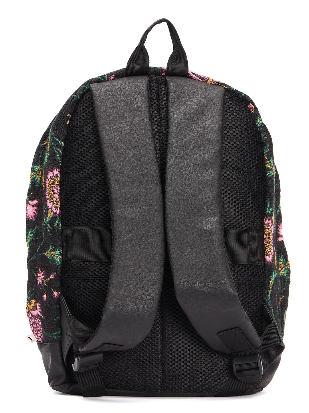 RIMROCK Floral Print Backpack with Pink Stripes, Black Canvas, Decorative Pattern