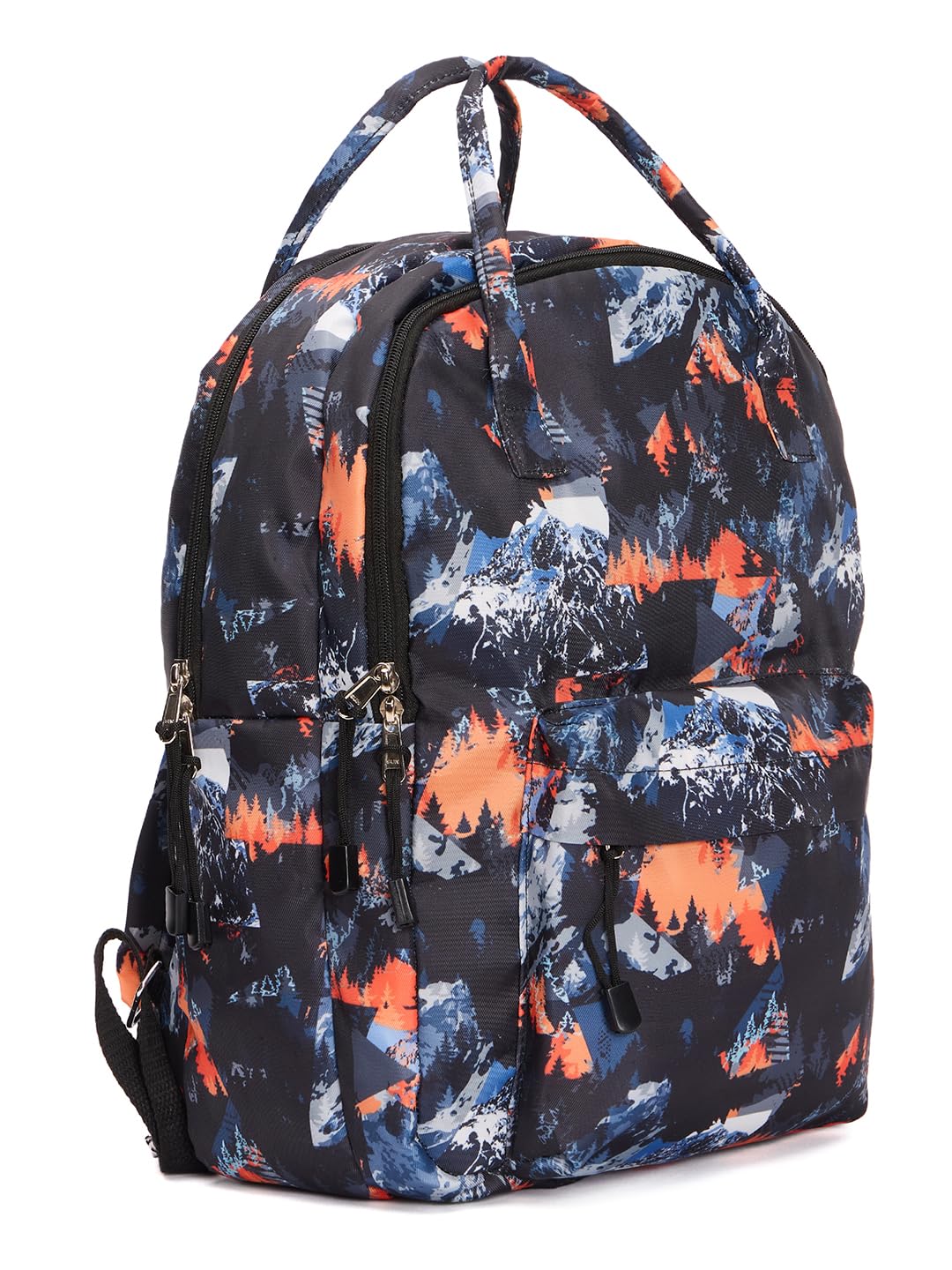 RIMROCK Mountain Print Backpack with Multiple Compartments, Blue and Orange Snow Pattern Design