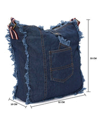 RIMROCK Distressed Denim Crossbody Bag with Striped Strap, Frayed Edge Design, Blue