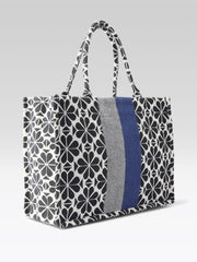 PRIMROSE Floral Pattern Canvas Tote Bag with Grey and Navy Stripes, Black and White