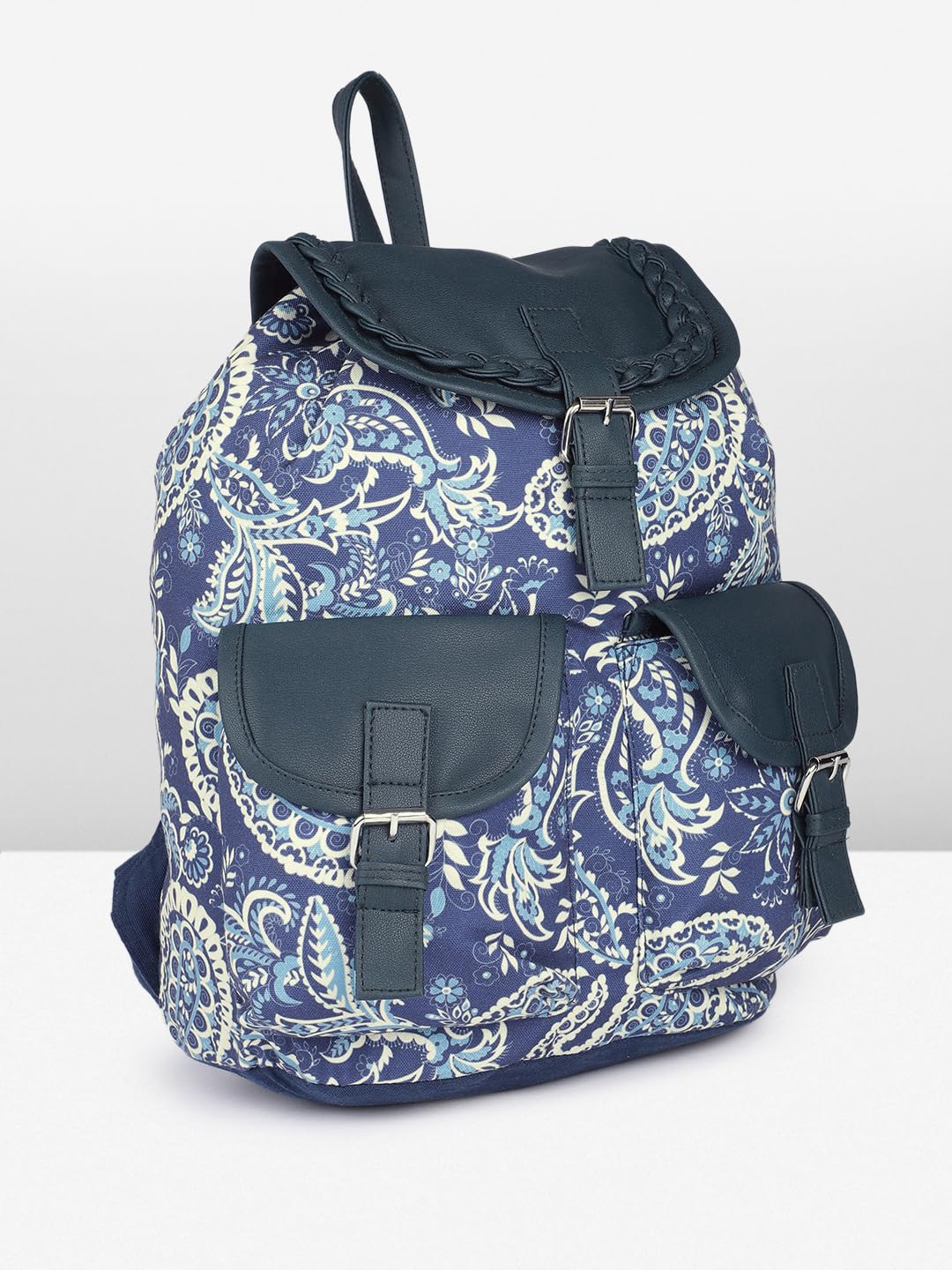 PRIMROSE Floral Canvas Backpack, Navy Blue with White Pattern, Double Buckle Front Pockets