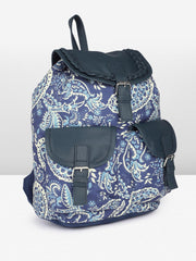PRIMROSE Floral Canvas Backpack, Navy Blue with White Pattern, Double Buckle Front Pockets