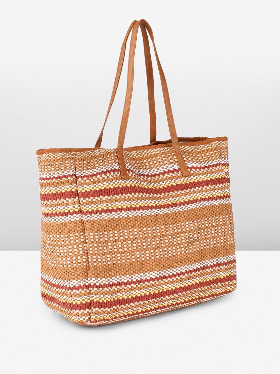PRIMROSE Woven Straw Beach Tote Bag, Striped Pattern in Tan and Red, Large Casual Summer Handbag with Polyurethane Handles