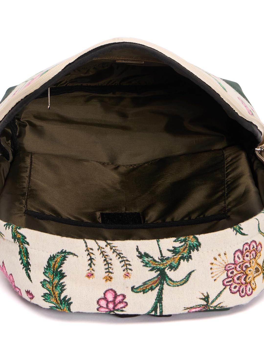 RIMROCK Floral Canvas Backpack with Pink Flowers and Green Leaves, Cream Base, Black Straps