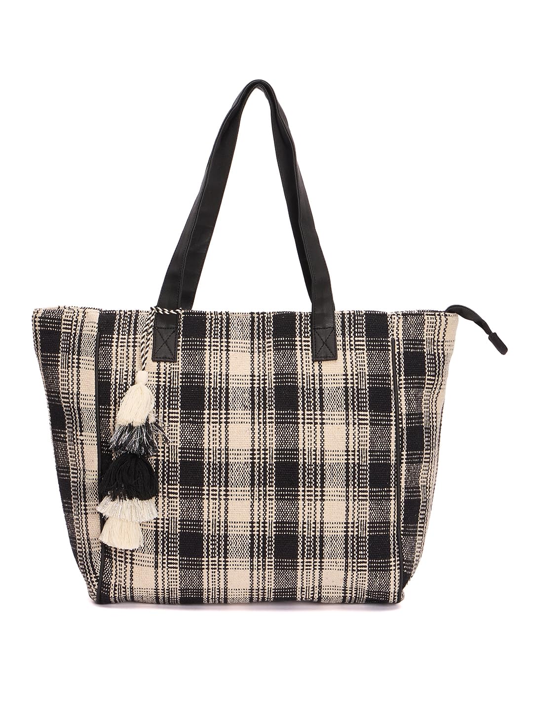 RIMROCK Large Plaid Tote Bag with Tassel Charm, Black and Beige Woven Pattern, Cotton Canvas