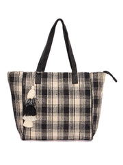 RIMROCK Large Plaid Tote Bag with Tassel Charm, Black and Beige Woven Pattern, Cotton Canvas