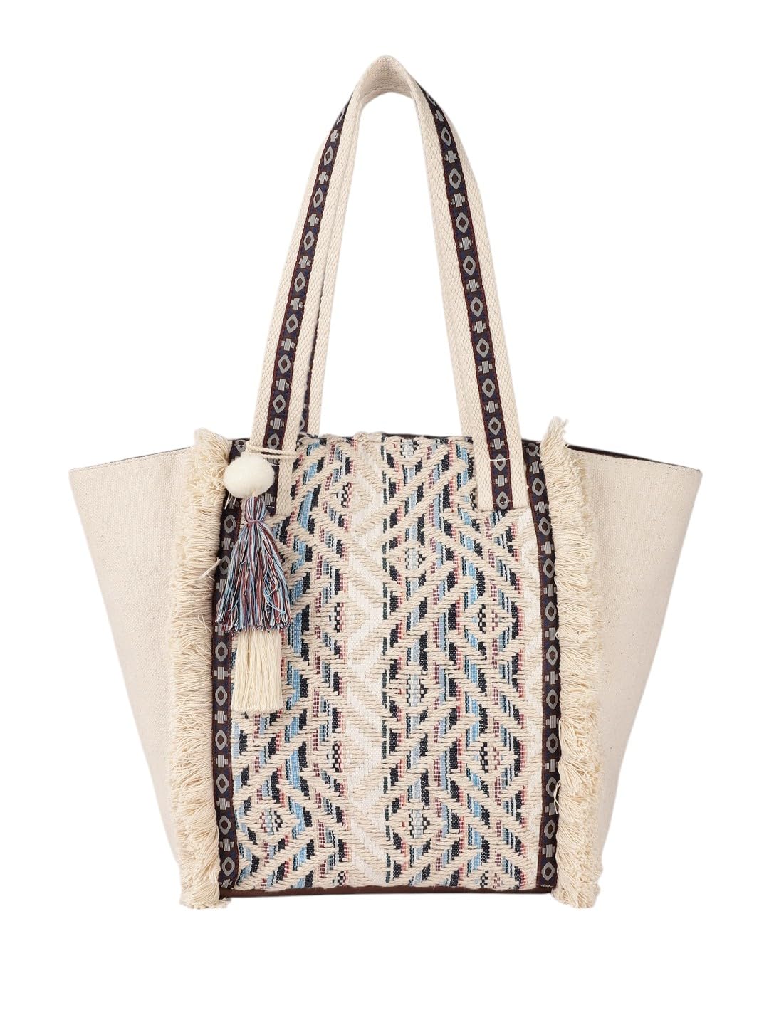 PRIMROSE Bohemian Canvas Tote Bag, Geometric Pattern, Fringe Tassel Detail, Cream and Blue