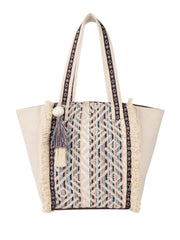 PRIMROSE Bohemian Canvas Tote Bag, Geometric Pattern, Fringe Tassel Detail, Cream and Blue