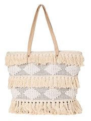 PRIMROSE Fringed Crochet Tote Bag with Shoulder Straps, Beige