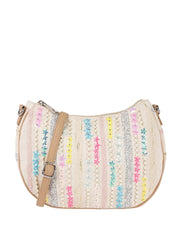 Ladies Floral Crossbody Bag, Beige Canvas with Pastel Embellishments, Studded Stripes Design