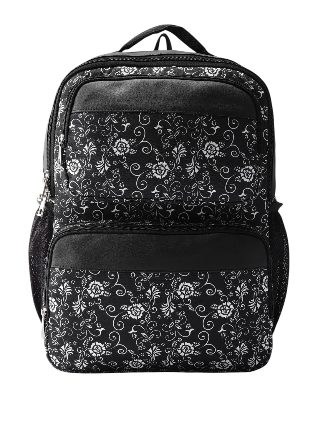 PRIMROSE Floral Pattern Backpack with Multiple Compartments, Black and White Design