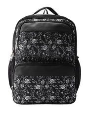 PRIMROSE Floral Pattern Backpack with Multiple Compartments, Black and White Design