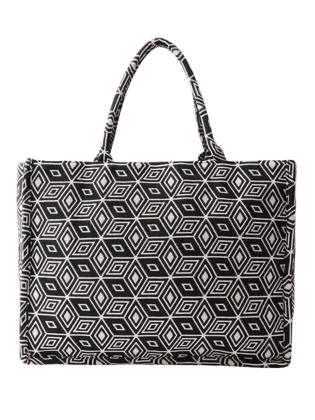 PRIMROSE Geometric Pattern Canvas Tote Bag, Black and White Design, Large Shoulder Handles