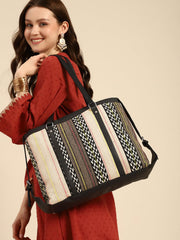 Women's Stylish Tote Bag, Chevron Pattern with Black Trim, Multi-Colour Stripes