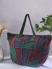 RIMROCK Patchwork Canvas Tote Bag, Multi-Color with Green Burgundy Grey, Large Casual Shoulder Bag