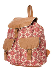 Vintage Canvas Backpack, Floral Pattern with Brown Pu Trim, Double Front Pockets, Pink and Beige