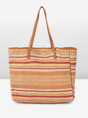 PRIMROSE Woven Straw Beach Tote Bag, Striped Pattern in Tan and Red, Large Casual Summer Handbag with Polyurethane Handles