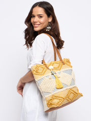 PRIMROSE Handcrafted Woven Tote Bag, Cream, Blue, Yellow, Tassel Accents