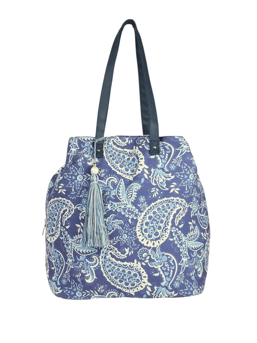 PRIMROSE Paisley Print Tote Bag with Tassel, Navy Blue and Light Blue Pattern, Long Shoulder Straps