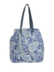 PRIMROSE Paisley Print Tote Bag with Tassel, Navy Blue and Light Blue Pattern, Long Shoulder Straps