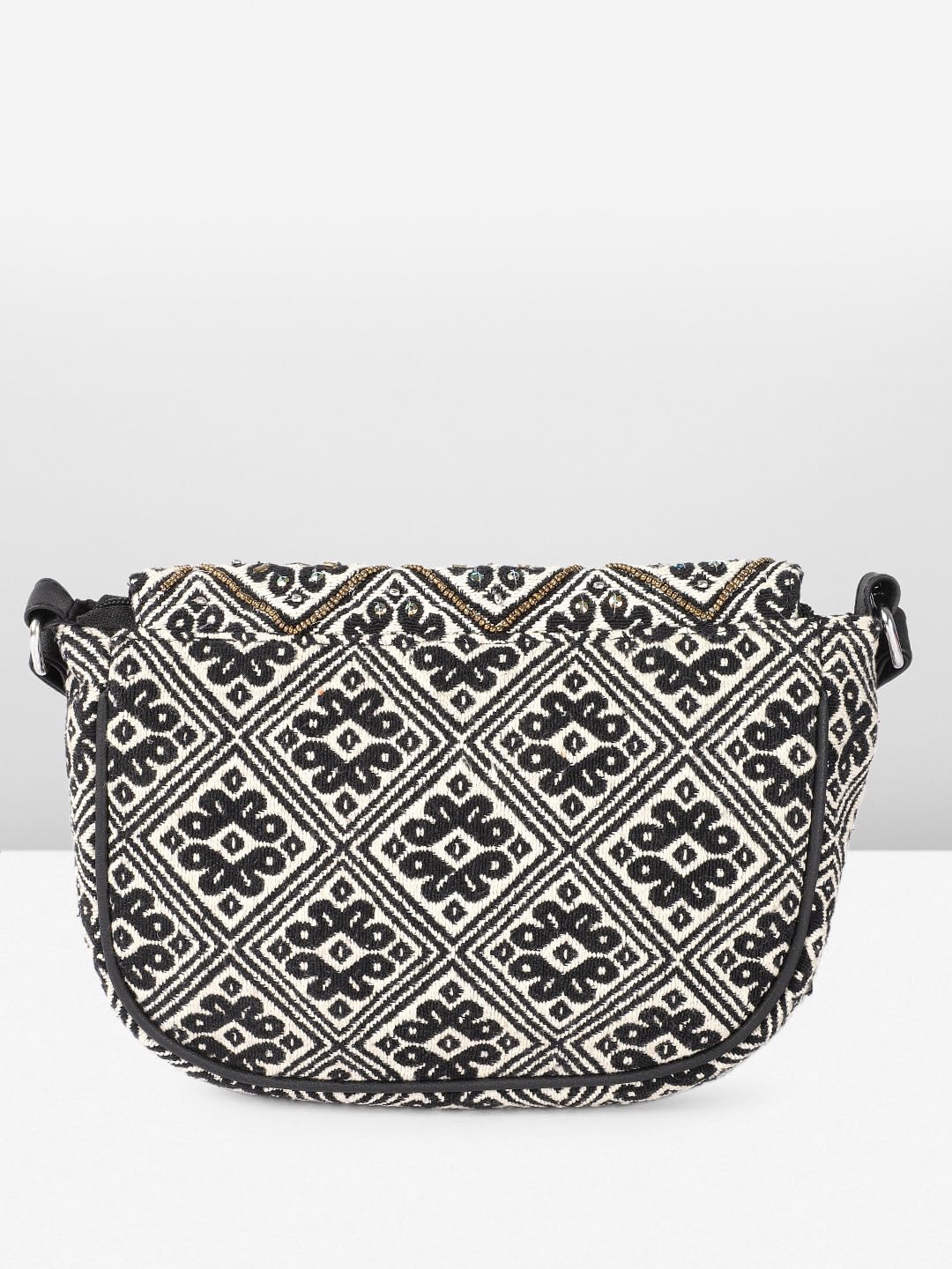 PRIMROSE Geometric Jacquard Cotton Sling Bag, Beige with Black Tassels, 15 x 22 x 5 cm, Boho Style
