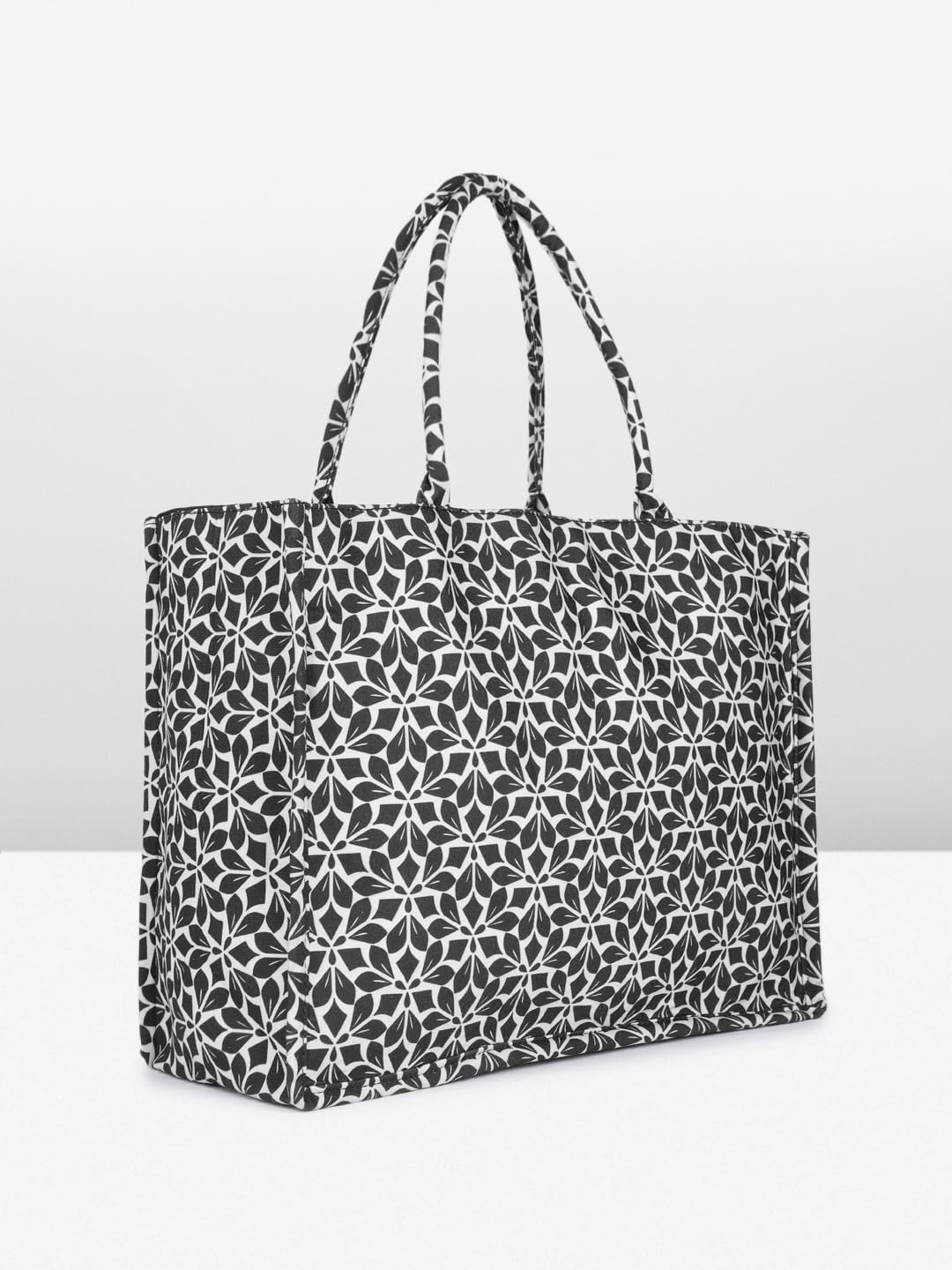 PRIMROSE Floral Pattern Canvas Tote Bag, Black and White Geometric Design, Large Shoulder Handbag