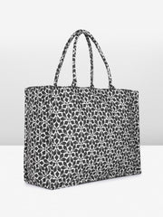 PRIMROSE Floral Pattern Canvas Tote Bag, Black and White Geometric Design, Large Shoulder Handbag