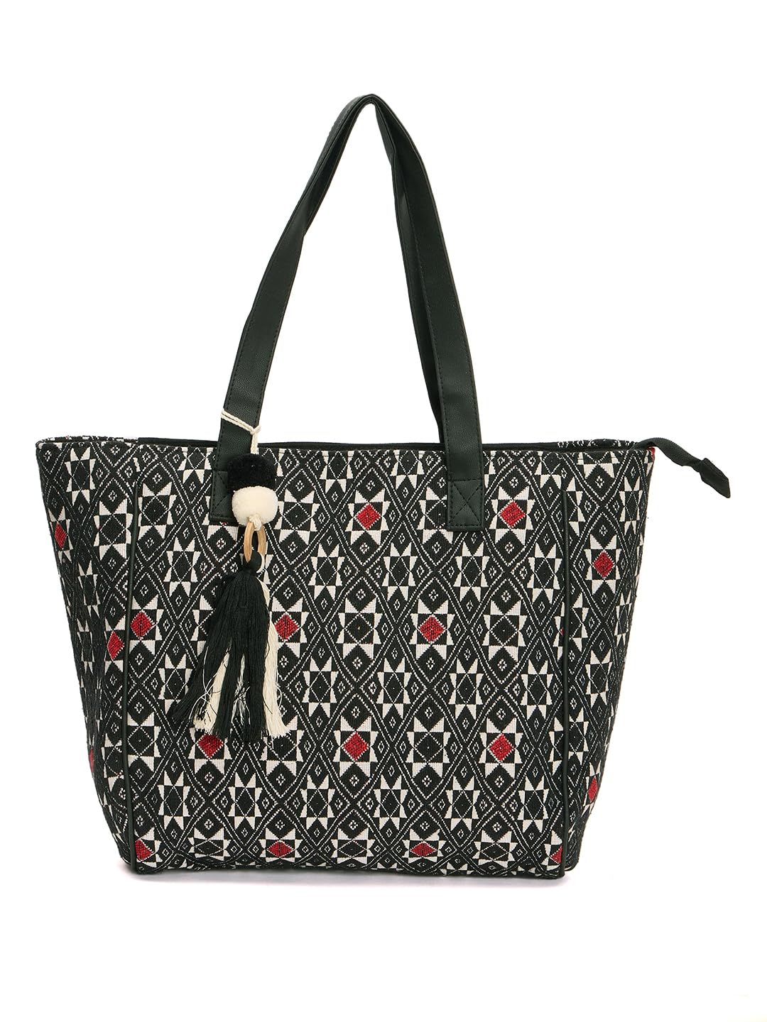 RIMROCK Geometric Print Tote Bag with Tassel, Black and White Pattern, Red Accents, Large Shoulder Straps