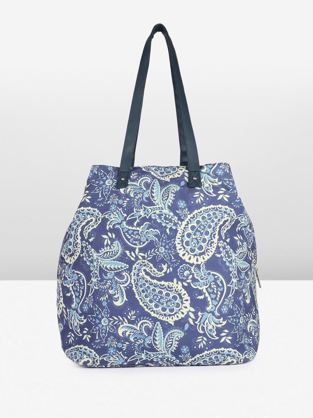PRIMROSE Paisley Print Tote Bag with Tassel, Navy Blue and Light Blue Pattern, Long Shoulder Straps