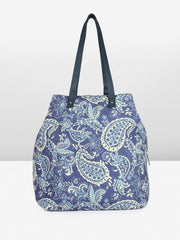 PRIMROSE Paisley Print Tote Bag with Tassel, Navy Blue and Light Blue Pattern, Long Shoulder Straps