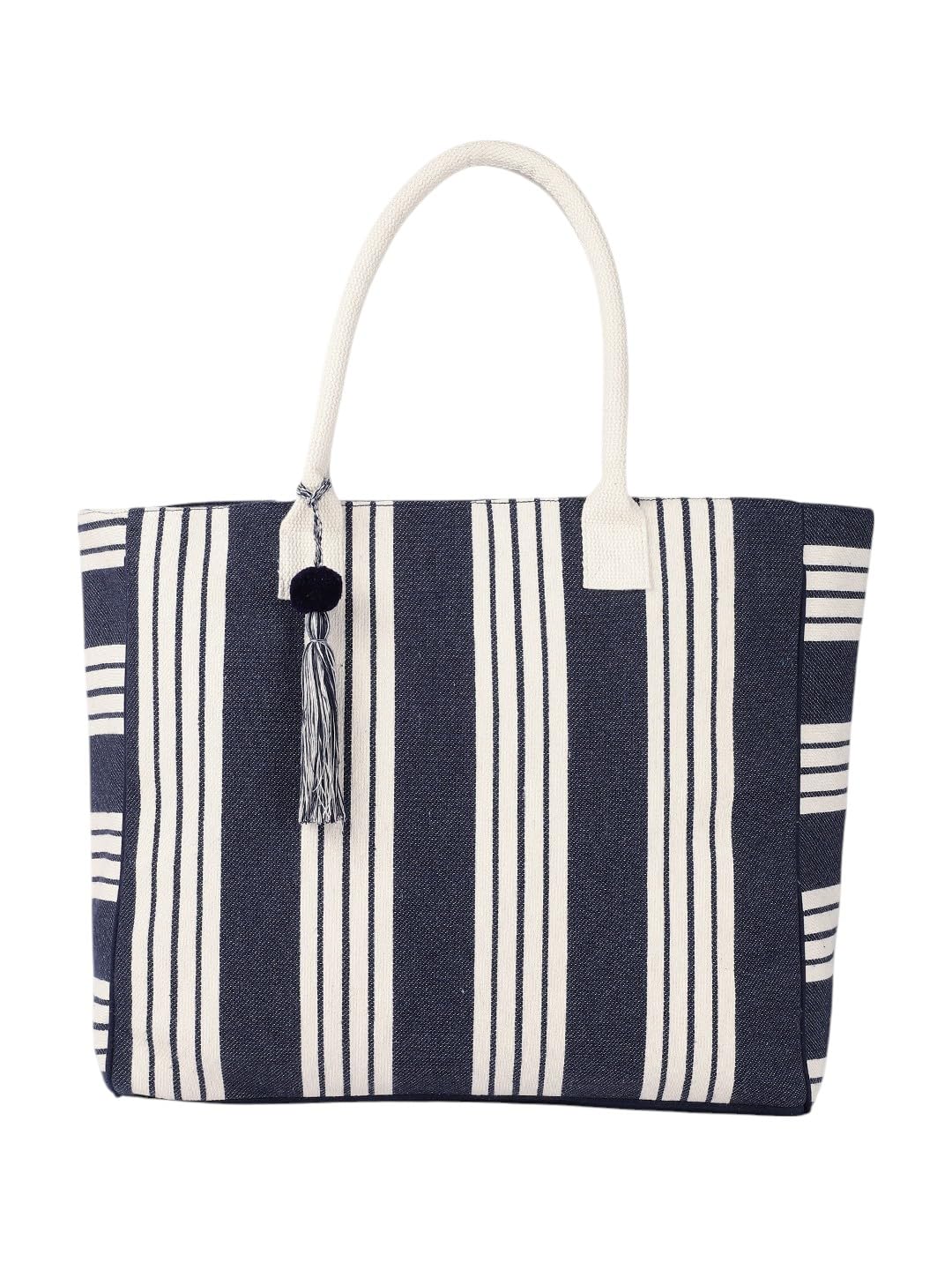 PRIMROSE Large Canvas Tote Bag, Navy Blue and White Striped Pattern, Decorative Tassel, Beach Shopping Handbag
