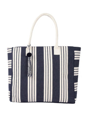 PRIMROSE Large Canvas Tote Bag, Navy Blue and White Striped Pattern, Decorative Tassel, Beach Shopping Handbag