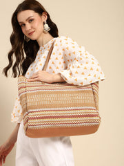 PRIMROSE Woven Straw Beach Tote Bag, Striped Pattern in Tan and Red, Large Casual Summer Handbag with Polyurethane Handles