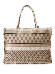 PRIMROSE Boho Canvas Tote Bag, Geometric Pattern, Beige and Black, Large Casual Shopping Handbag