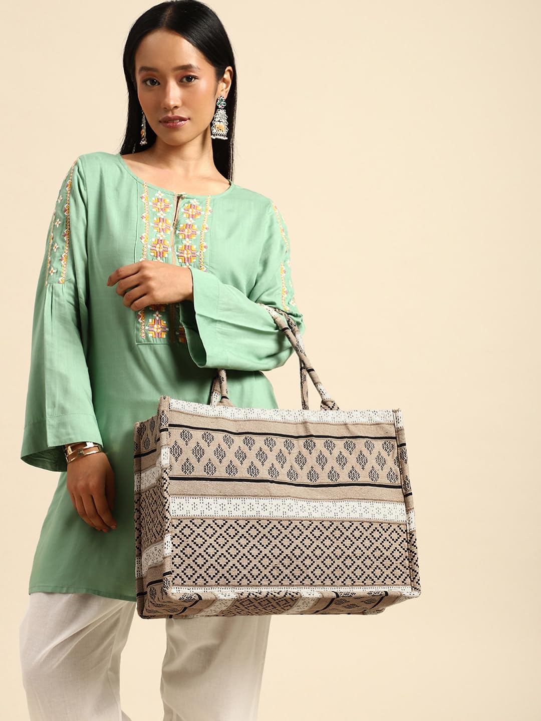 PRIMROSE Boho Canvas Tote Bag, Geometric Pattern, Beige and Black, Large Casual Shopping Handbag