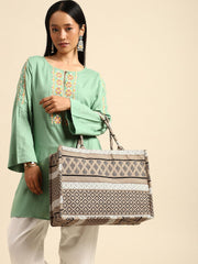PRIMROSE Boho Canvas Tote Bag, Geometric Pattern, Beige and Black, Large Casual Shopping Handbag