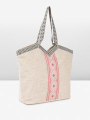 PRIMROSE Woven Beach Tote Bag, Natural Cream with Pink Embroidery, Black Striped Handles