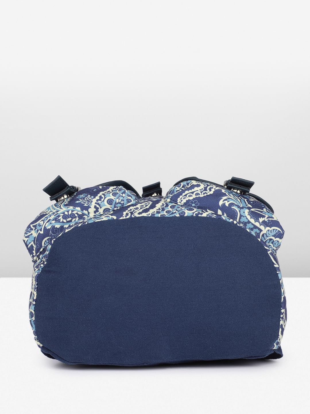 PRIMROSE Floral Canvas Backpack, Navy Blue with White Pattern, Double Buckle Front Pockets