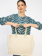 RIMROCK Canvas Tote Bag with Chevron Pattern, Beige and Silver, Double Handle, Large Size