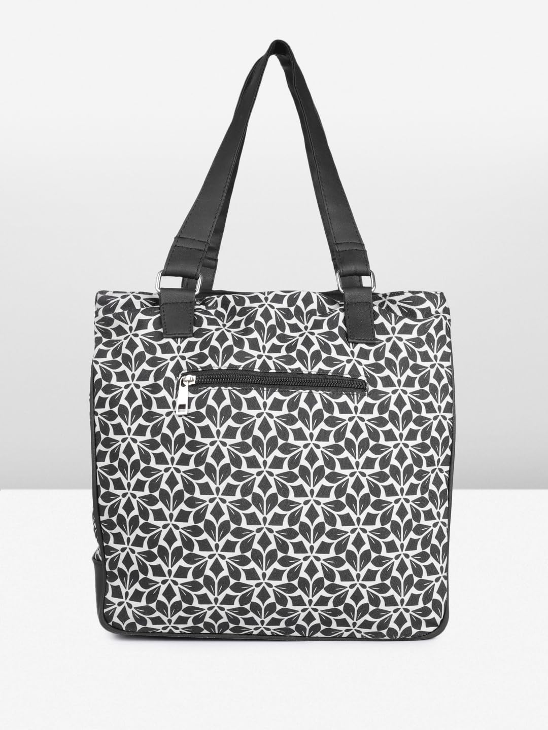 PRIMROSE Floral Pattern Tote Bag with Tassel, Black and White, Double Handle