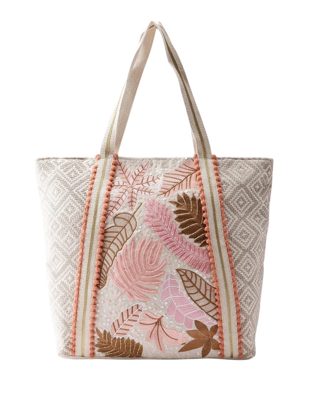 PRIMROSE Woven Beach Tote Bag with Tropical Leaf Embroidery, Peach Pom Pom Trim, Cream and Pink