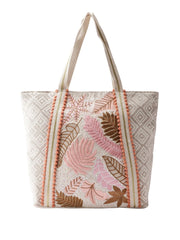 PRIMROSE Woven Beach Tote Bag with Tropical Leaf Embroidery, Peach Pom Pom Trim, Cream and Pink