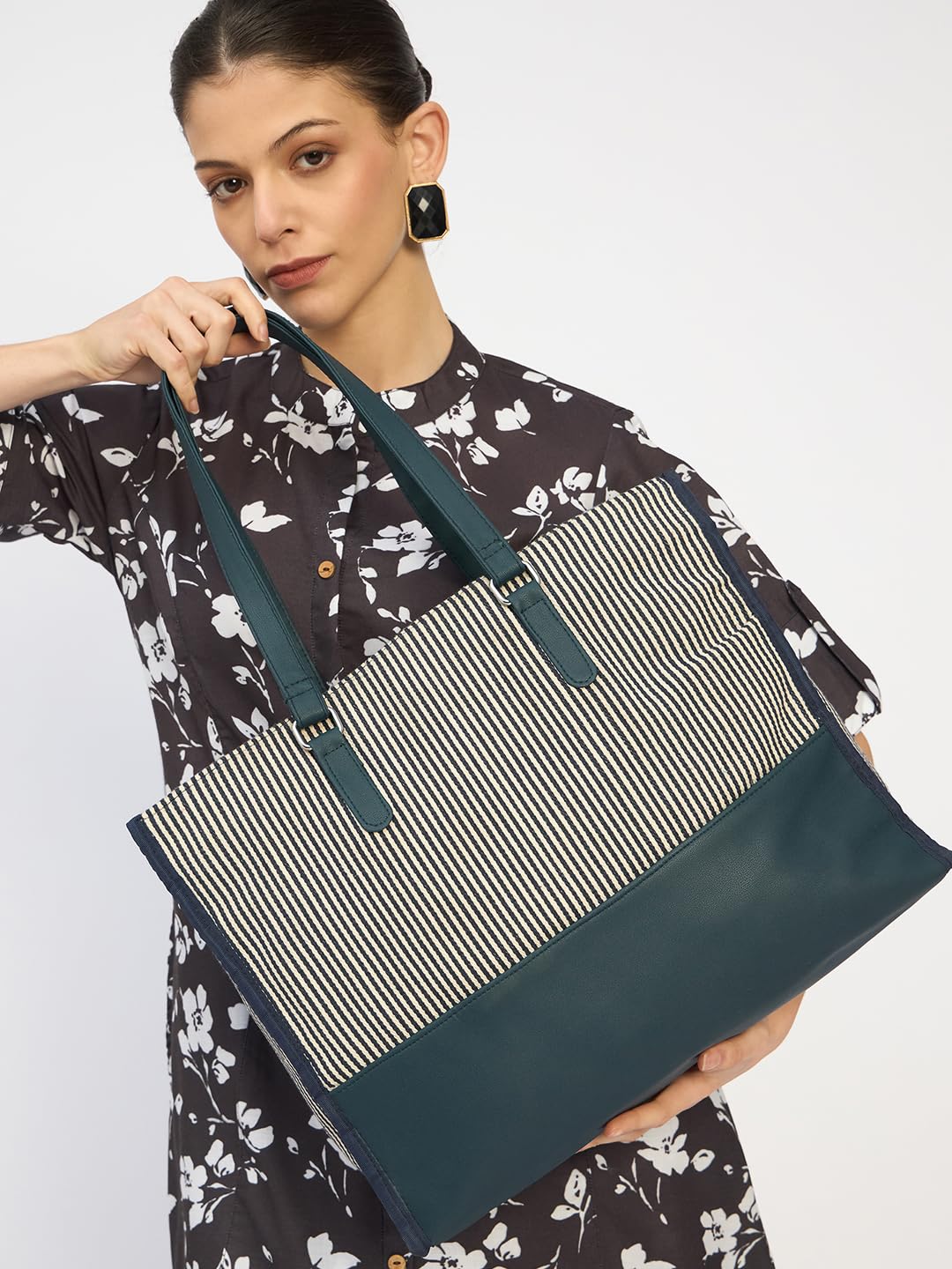 RIMROCK Striped Canvas Tote Bag with Navy Leather Trim, Large Shoulder Straps, Black and White