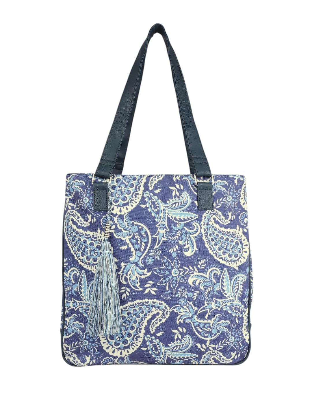 PRIMROSE Floral Paisley Print Tote Bag with Tassel, Navy Blue and White Pattern, Double Handles