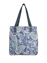 PRIMROSE Floral Paisley Print Tote Bag with Tassel, Navy Blue and White Pattern, Double Handles