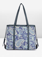 PRIMROSE Canvas Tote Bag with Paisley Print, Navy Blue and White Pattern, Dark Trim
