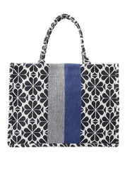 PRIMROSE Floral Pattern Canvas Tote Bag with Grey and Navy Stripes, Black and White