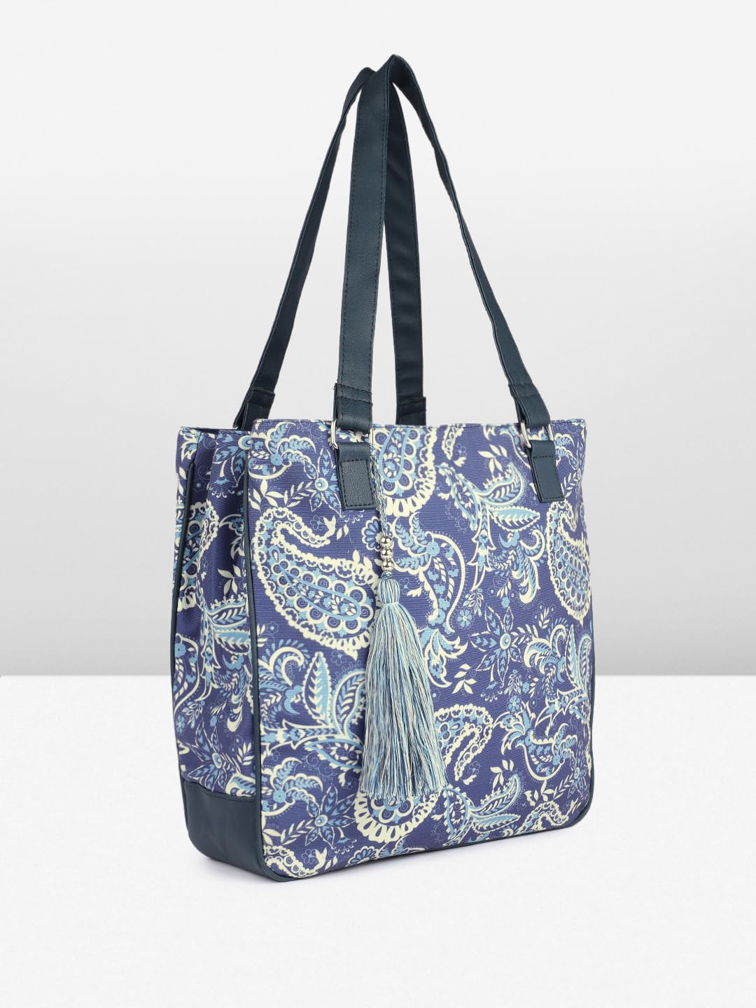 PRIMROSE Floral Paisley Print Tote Bag with Tassel, Navy Blue and White Pattern, Double Handles