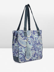 PRIMROSE Floral Paisley Print Tote Bag with Tassel, Navy Blue and White Pattern, Double Handles